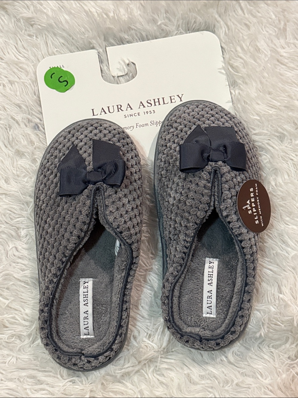 Laura Ashley Charcoal Knit Slip-On Slippers with Bow S